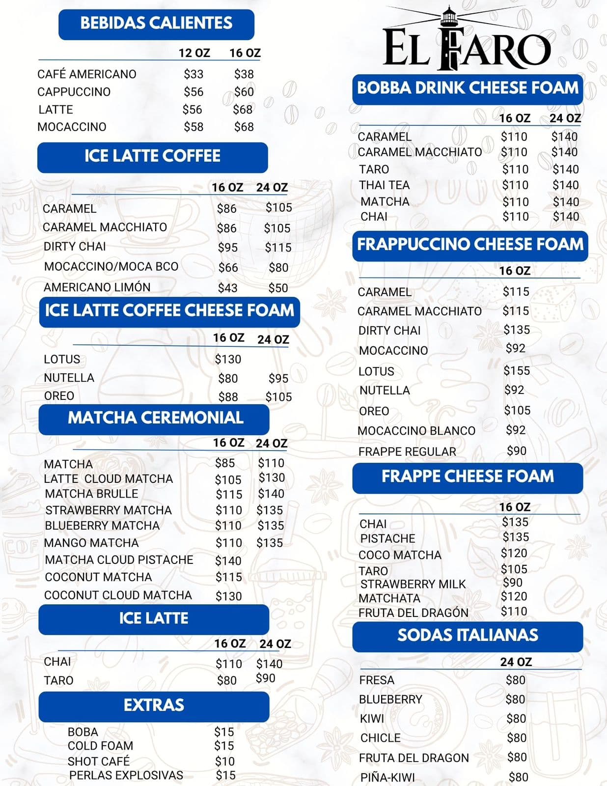 Menú de bebidas calientes y frías