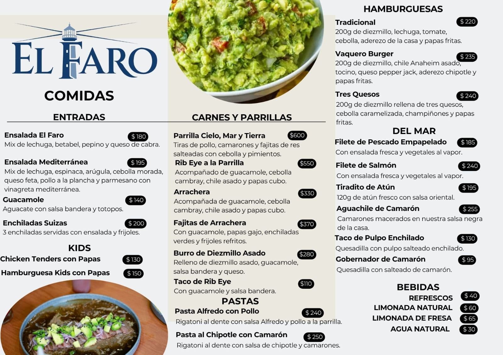 Comidas: entradas, carnes y parrillas, pastas, hamburguesas, del mar